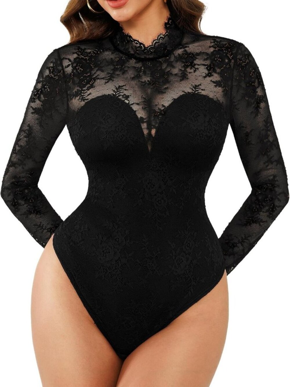 Women's Long Sleeve Sheer Lace Bodysuit with Tummy Control - Stylish & Chic